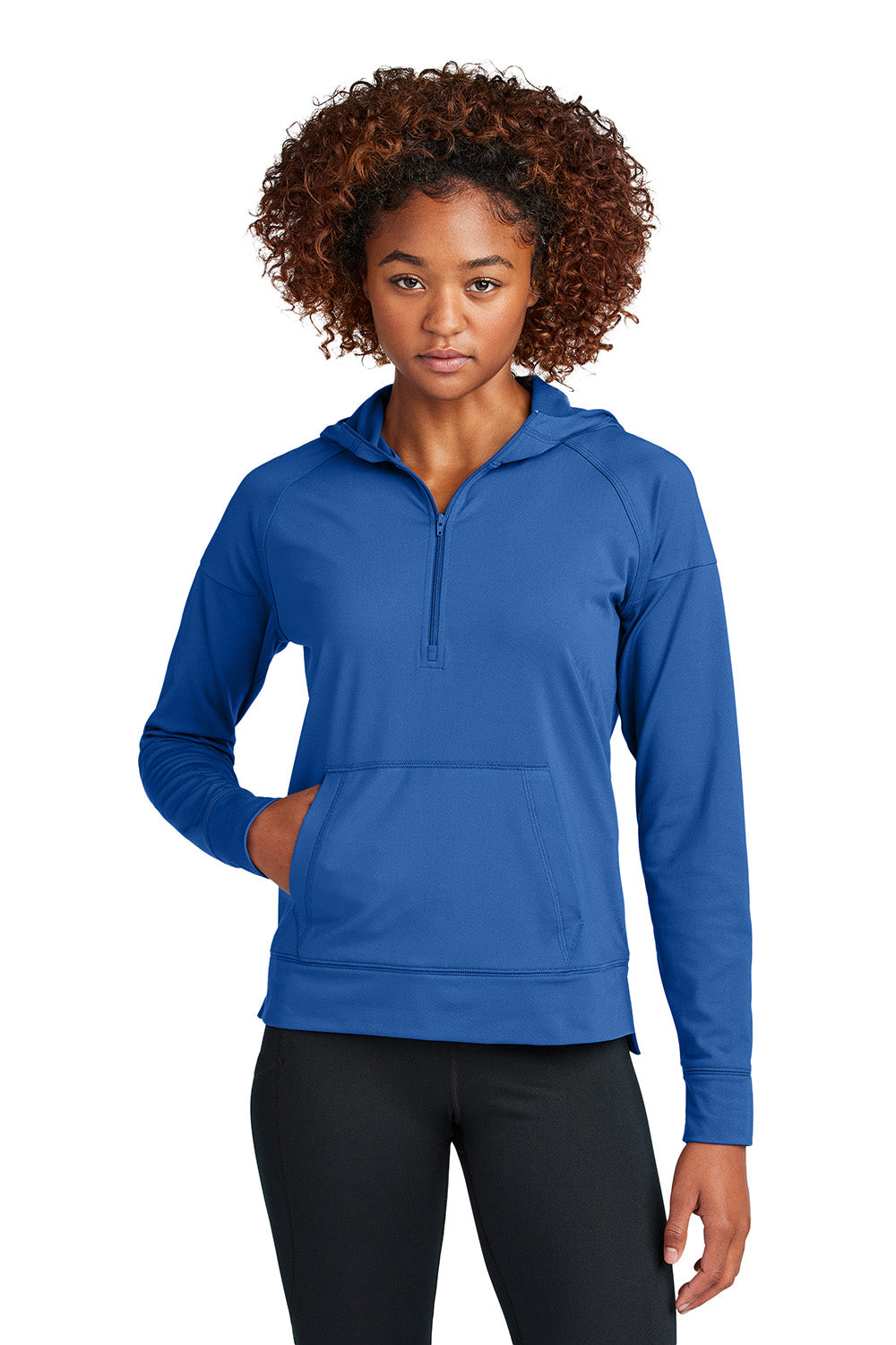 Sport-Tek LST856 Womens Sport-Wick Stretch 1/4 Zip Hooded Sweatshirt Hoodie True Royal Blue Model Front