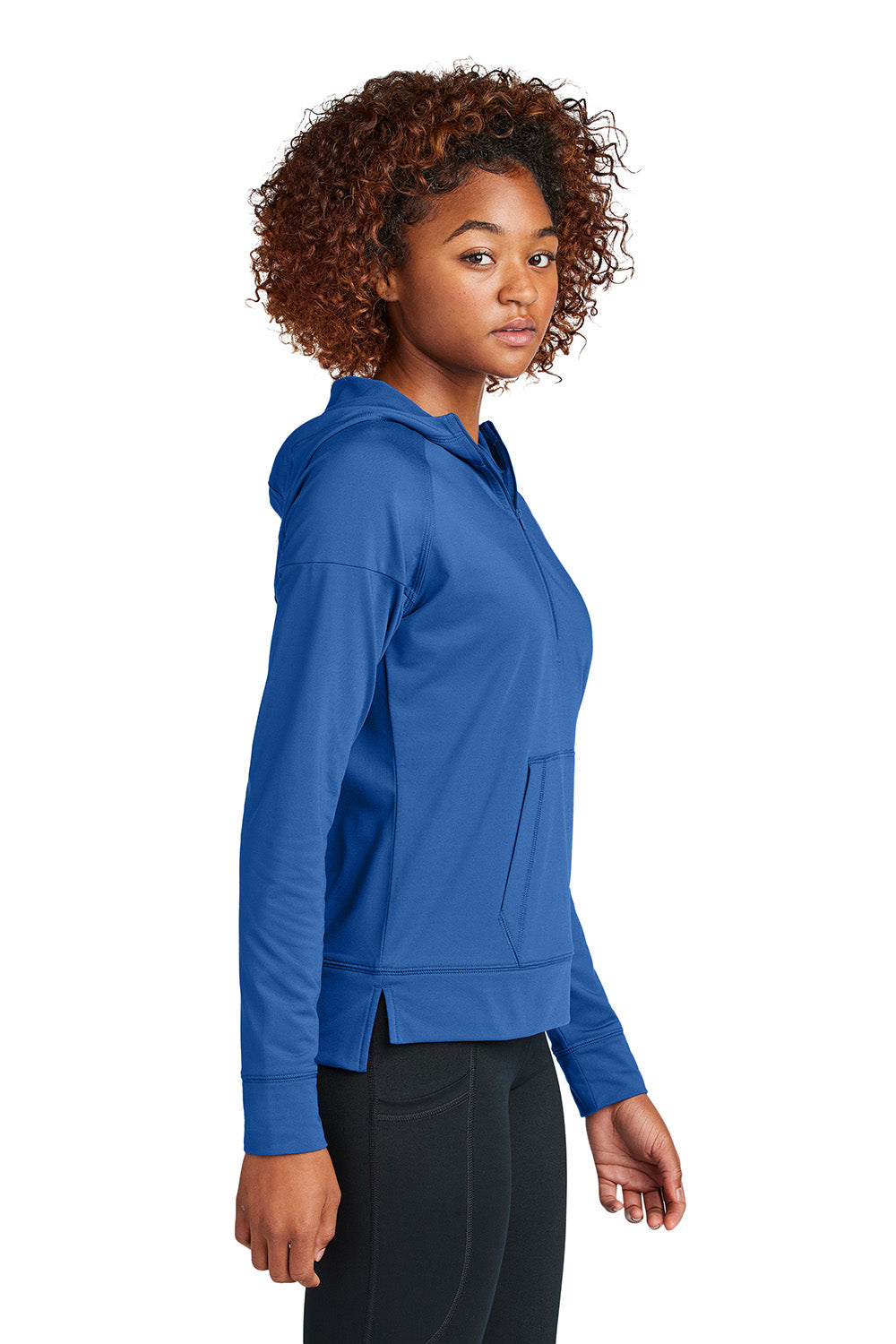 Sport-Tek LST856 Womens Sport-Wick Stretch 1/4 Zip Hooded Sweatshirt Hoodie True Royal Blue Model Side