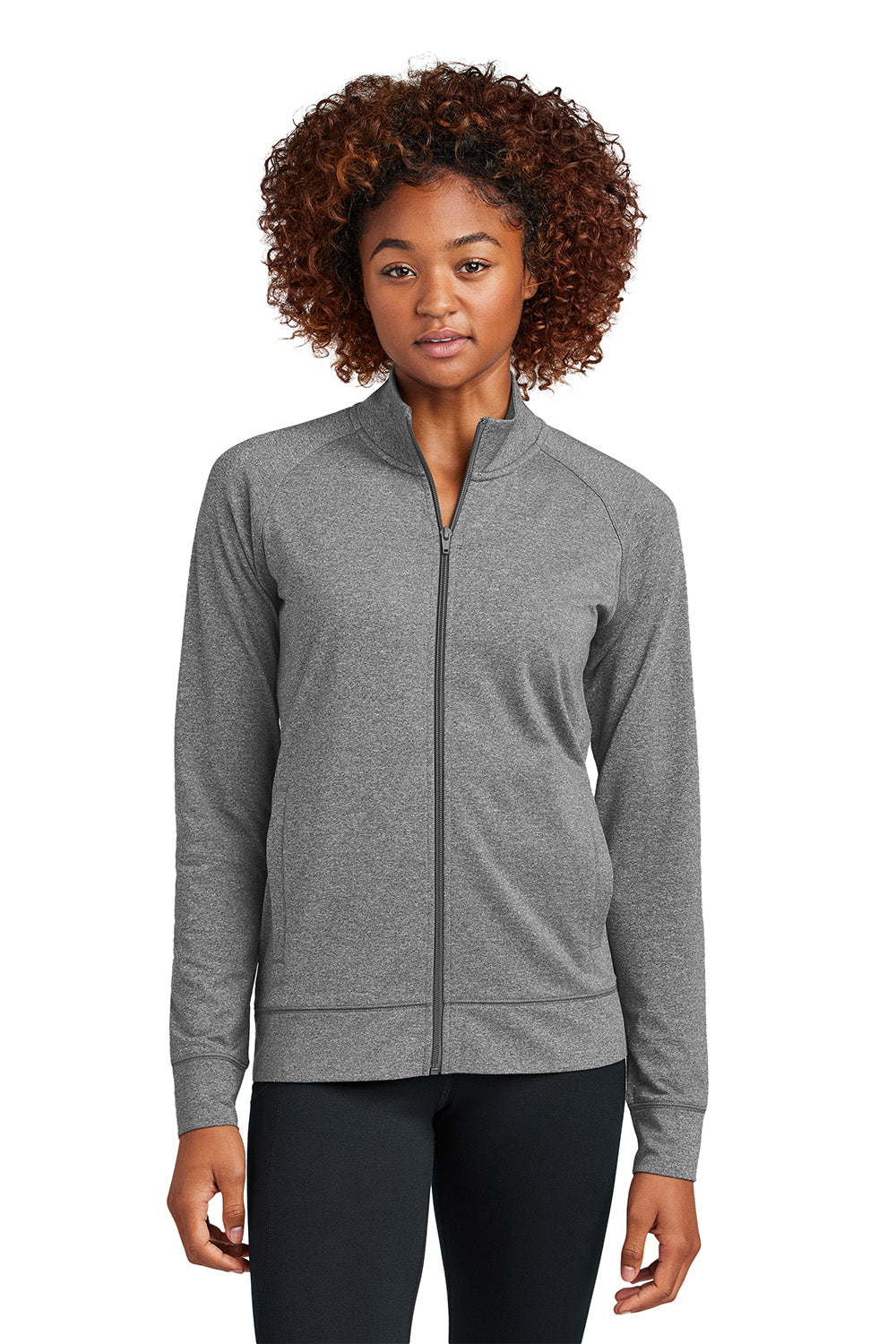 Sport-Tek LST857 Womens Sport-Wick Stretch Full Zip Cadet Jacket Heather Charcoal Grey Model Front