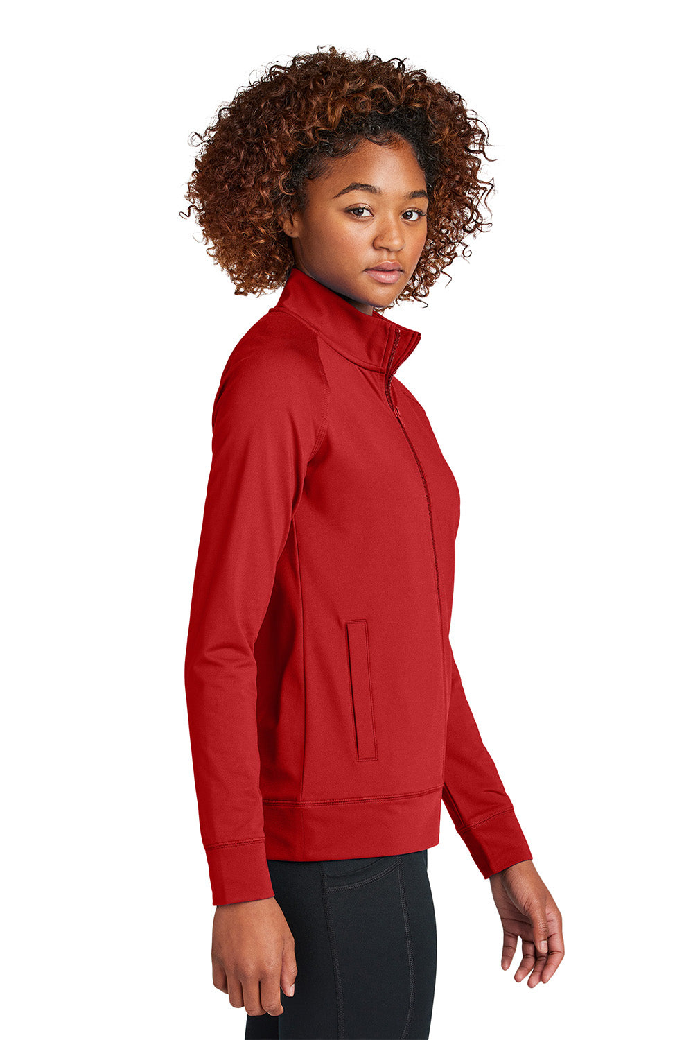 Sport-Tek LST857 Womens Sport-Wick Stretch Full Zip Cadet Jacket Deep Red Model Side