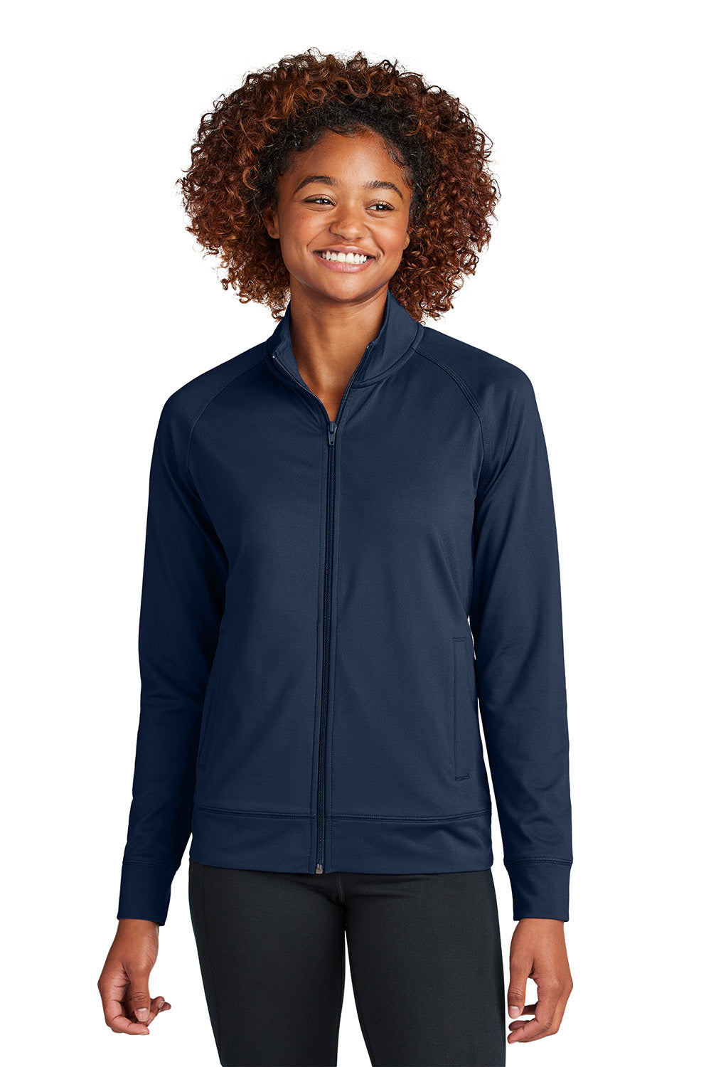 Sport-Tek LST857 Womens Sport-Wick Stretch Full Zip Cadet Jacket True Navy Blue Model Front