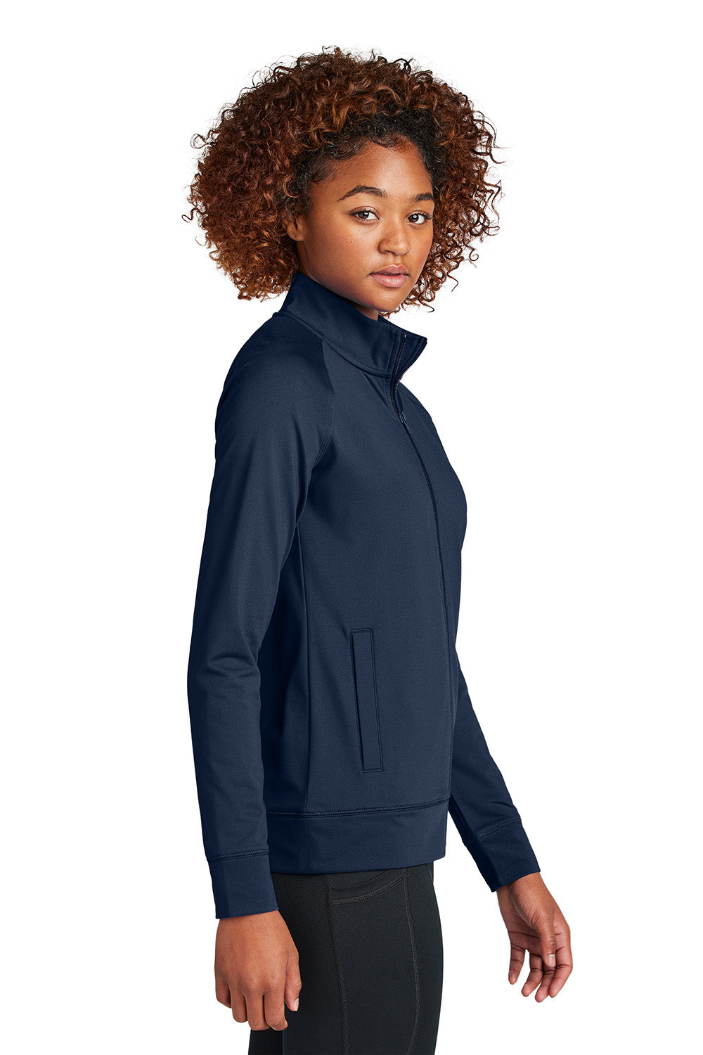 Sport-Tek LST857 Womens Sport-Wick Stretch Full Zip Cadet Jacket True Navy Blue Model Side