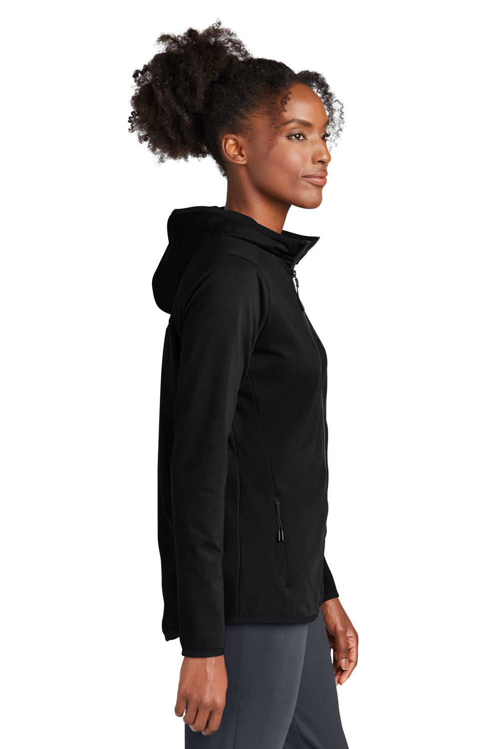 Sport-Tek LST870 Womens Circuit Full Zip Hooded Jacket Deep Black Model Side