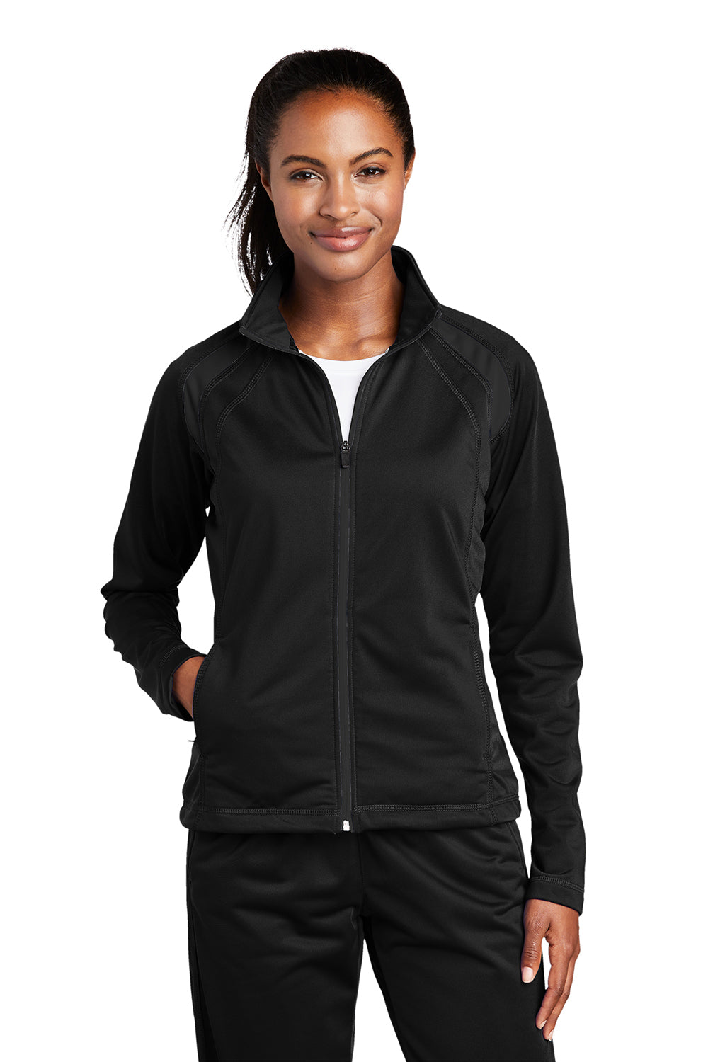 Sport-Tek LST90 Womens Full Zip Track Jacket Black Model Front