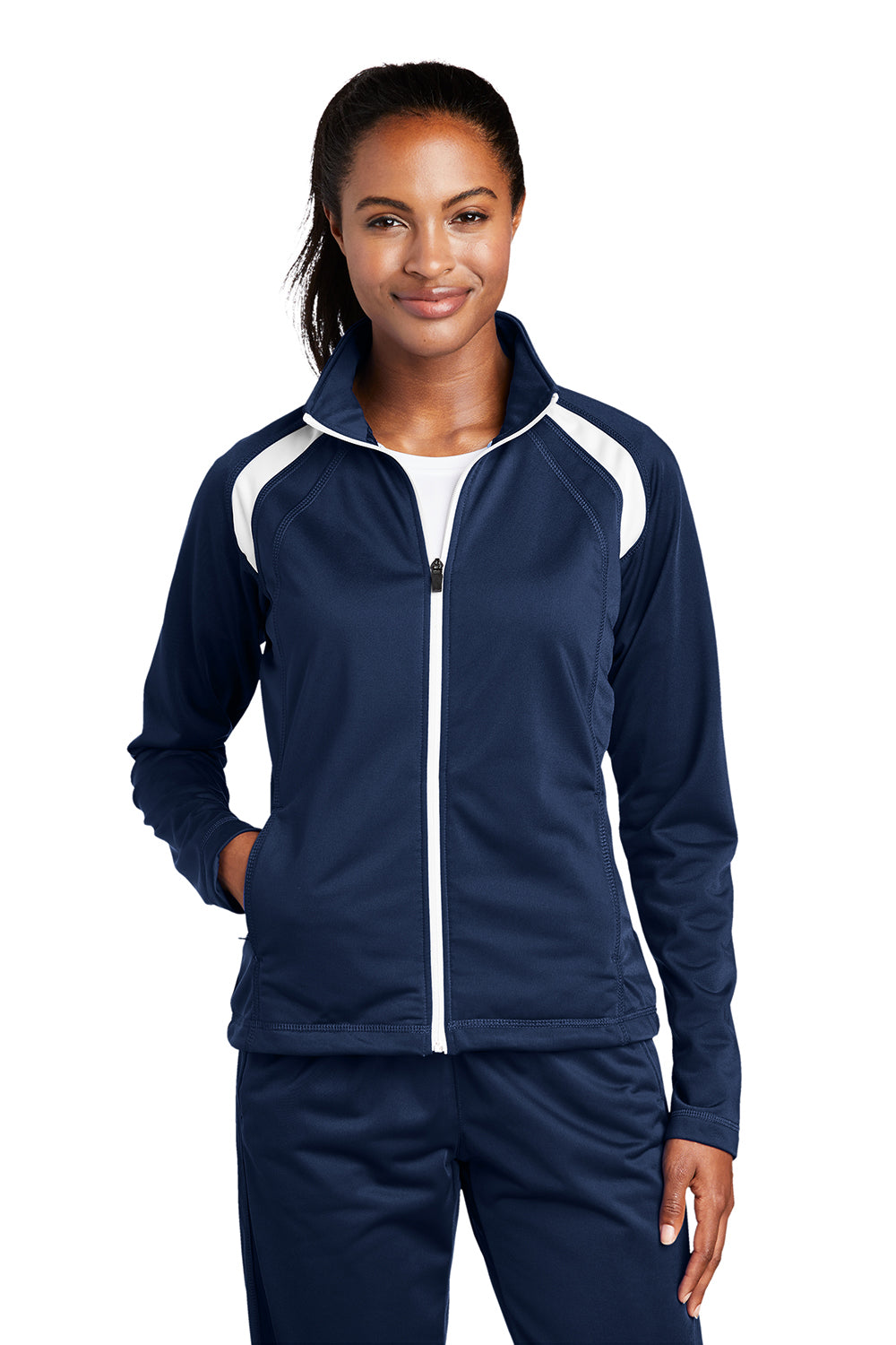 Sport-Tek LST90 Womens Full Zip Track Jacket True Navy Blue/White Model Front