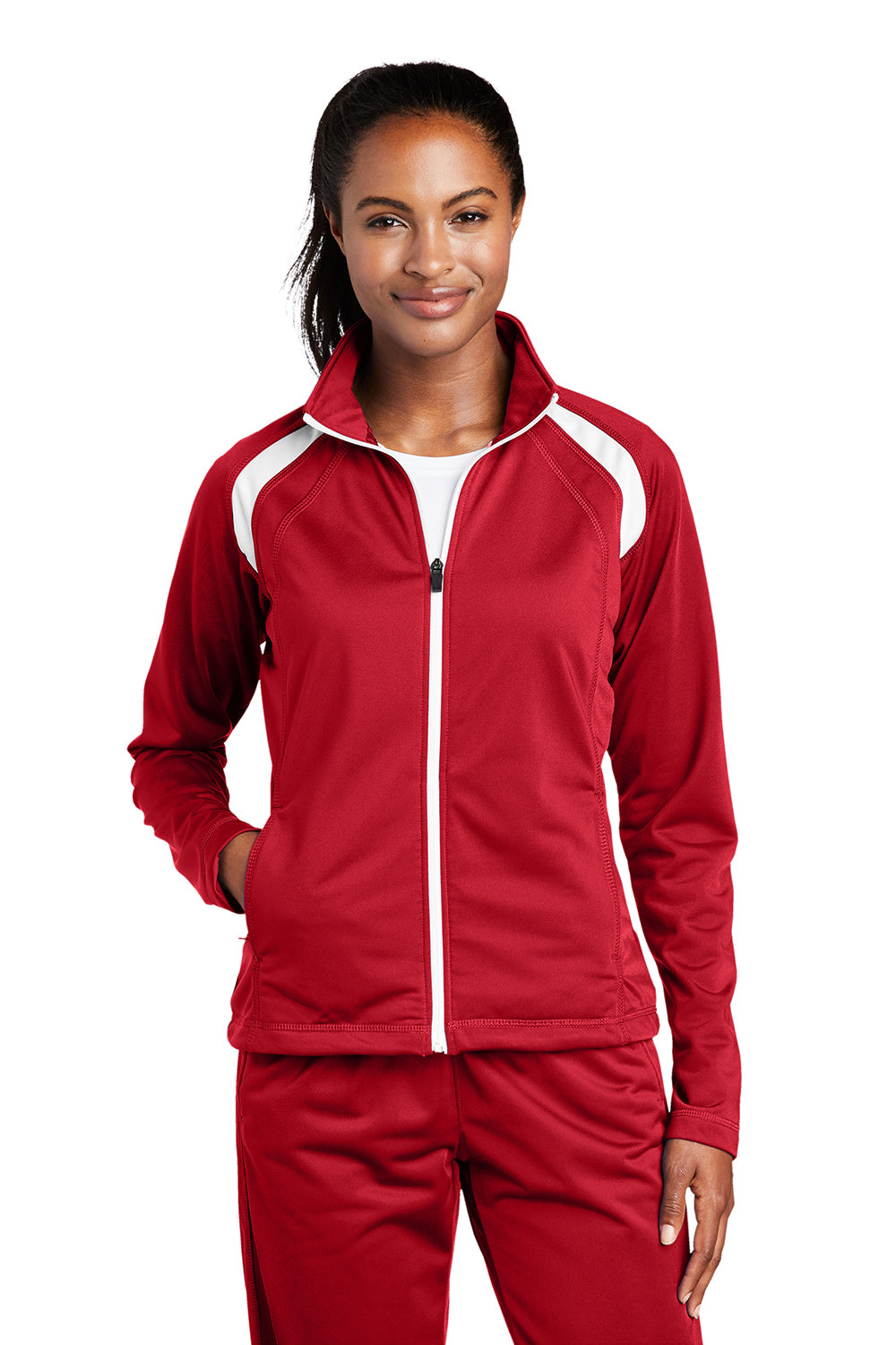 Sport-Tek LST90 Womens Full Zip Track Jacket True Red/White Model Front