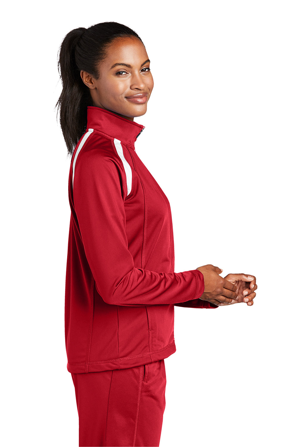 Sport-Tek LST90 Womens Full Zip Track Jacket True Red/White Model Side