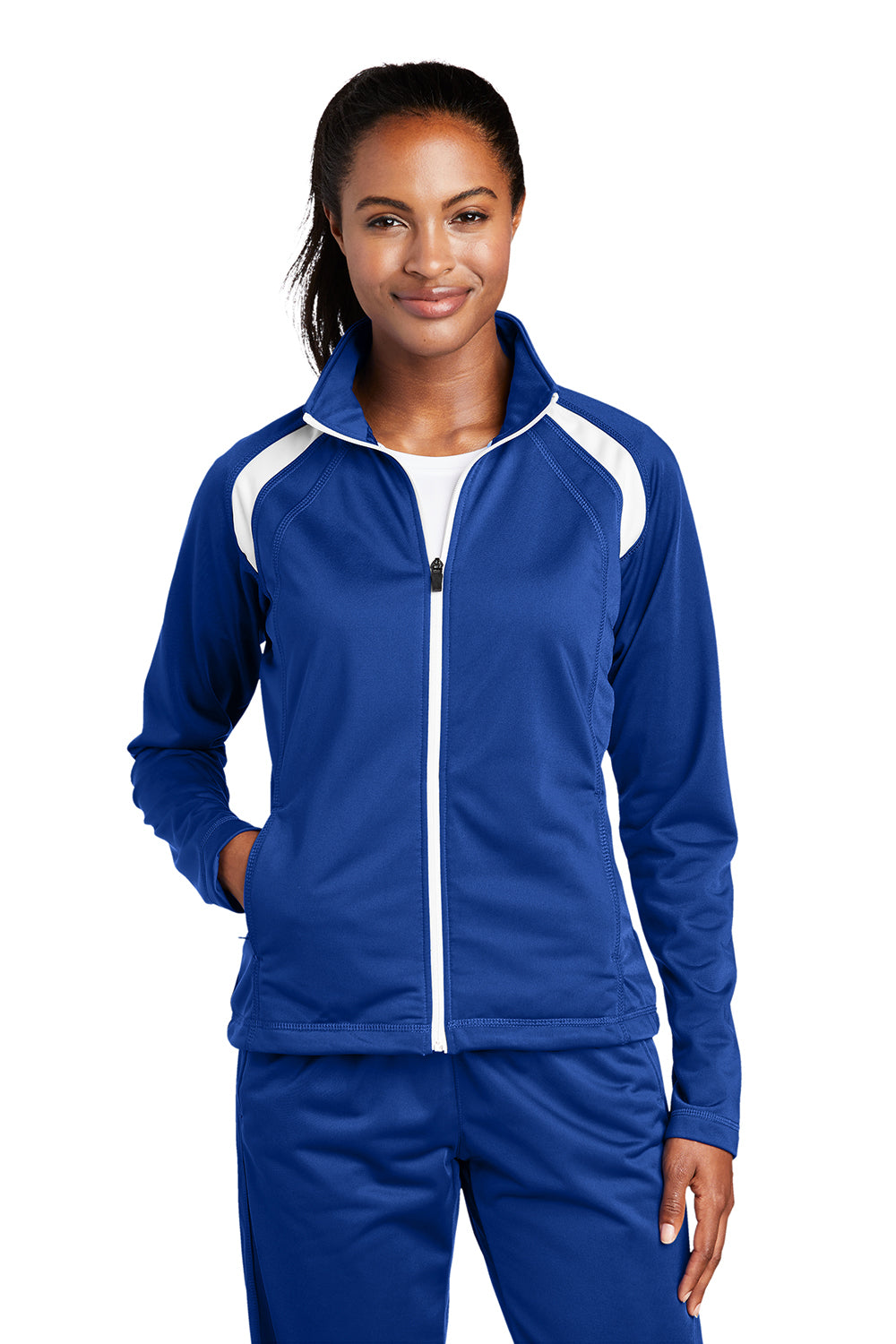 Sport-Tek LST90 Womens Full Zip Track Jacket True Royal Blue/White Model Front