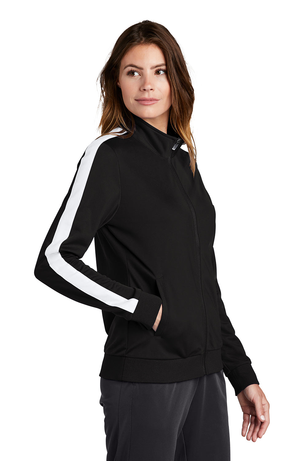 Sport-Tek LST94 Womens Full Zip Track Jacket Black/White Model 3q