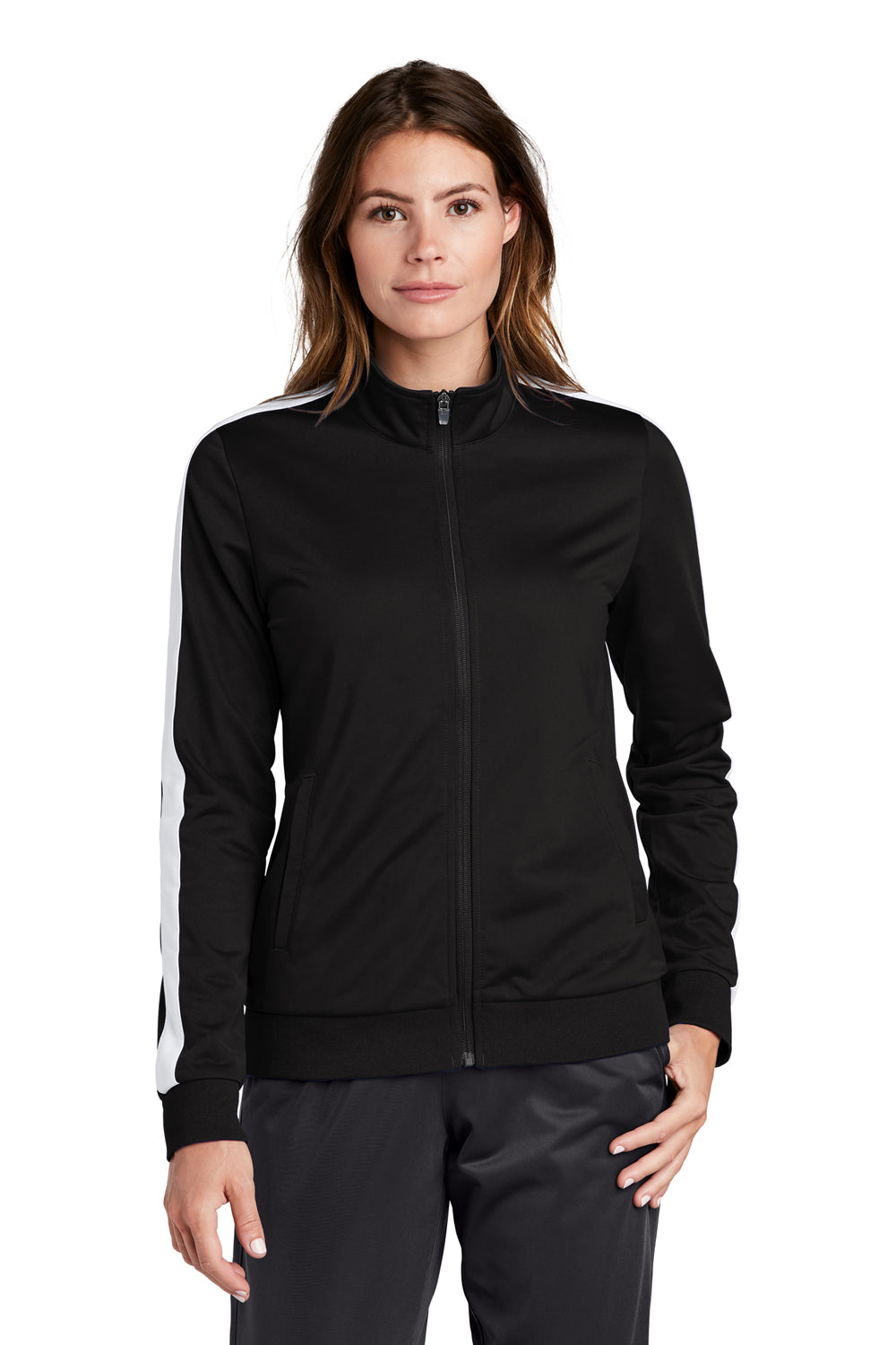 Sport-Tek LST94 Womens Full Zip Track Jacket Black/White Model Front