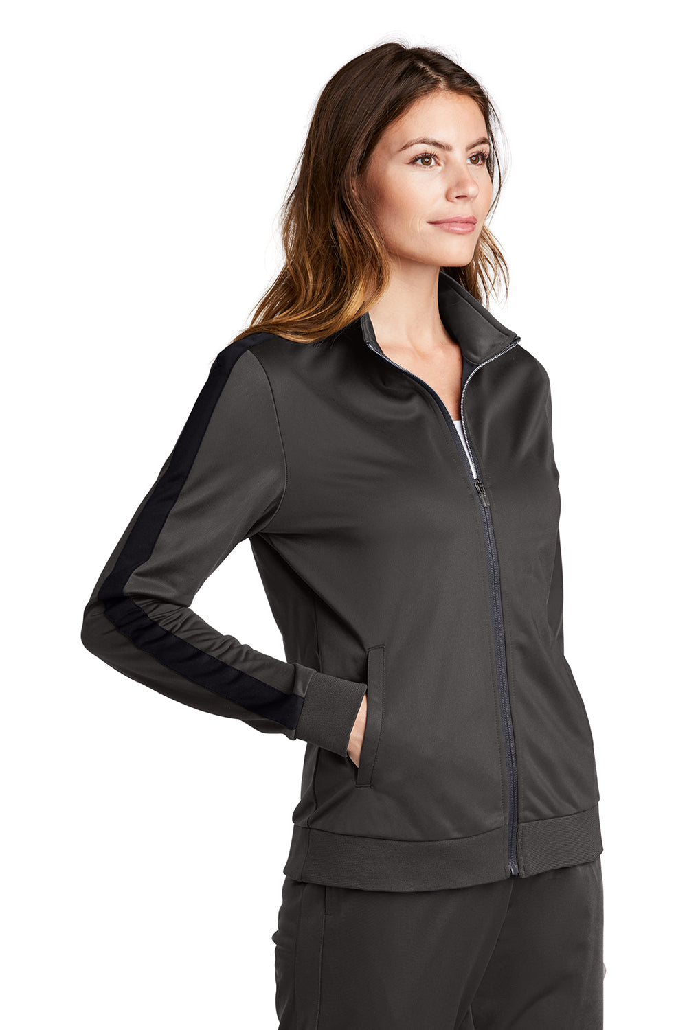 Sport-Tek LST94 Womens Full Zip Track Jacket Graphite Grey/Black Model 3q