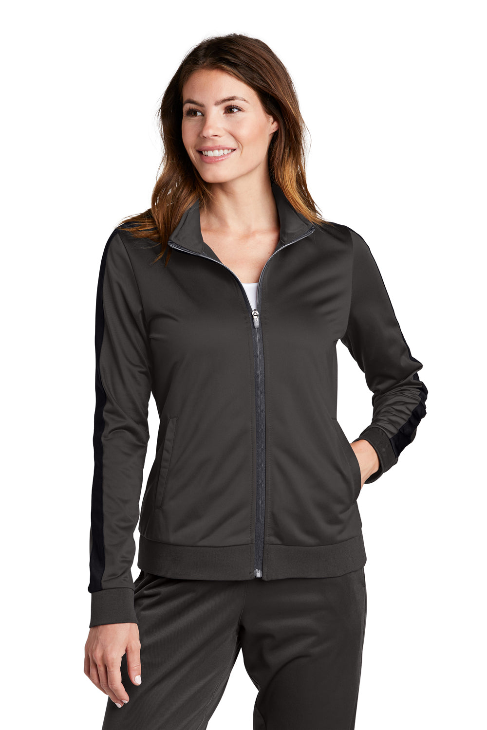 Sport-Tek LST94 Womens Full Zip Track Jacket Graphite Grey/Black Model Front