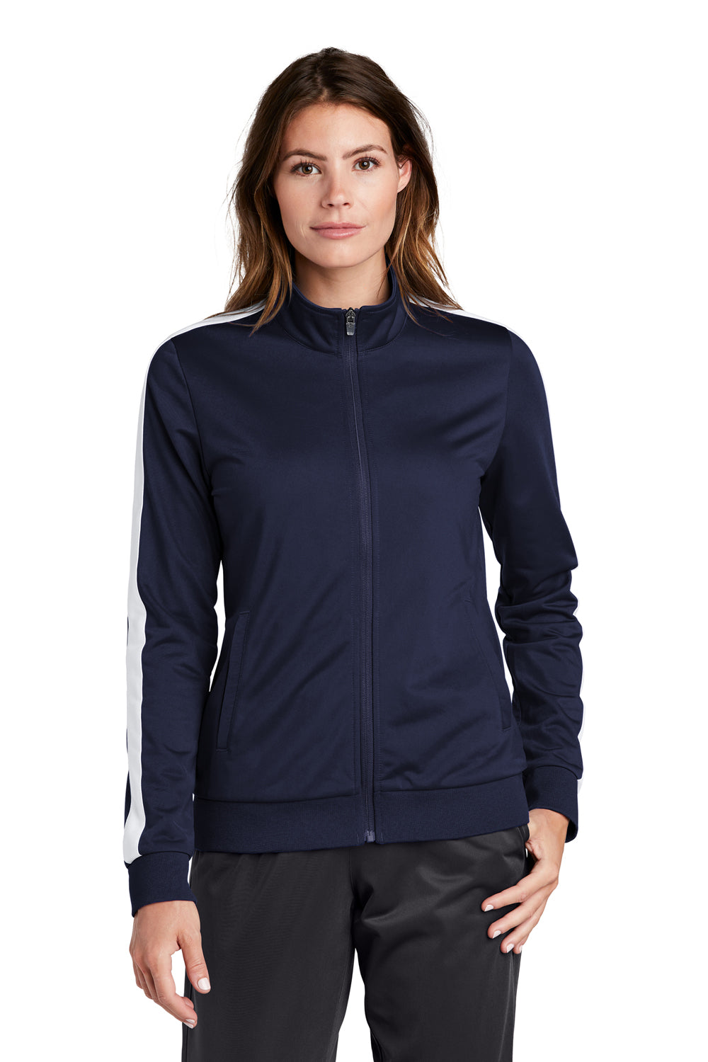 Sport-Tek LST94 Womens Full Zip Track Jacket True Navy Blue/White Model Front