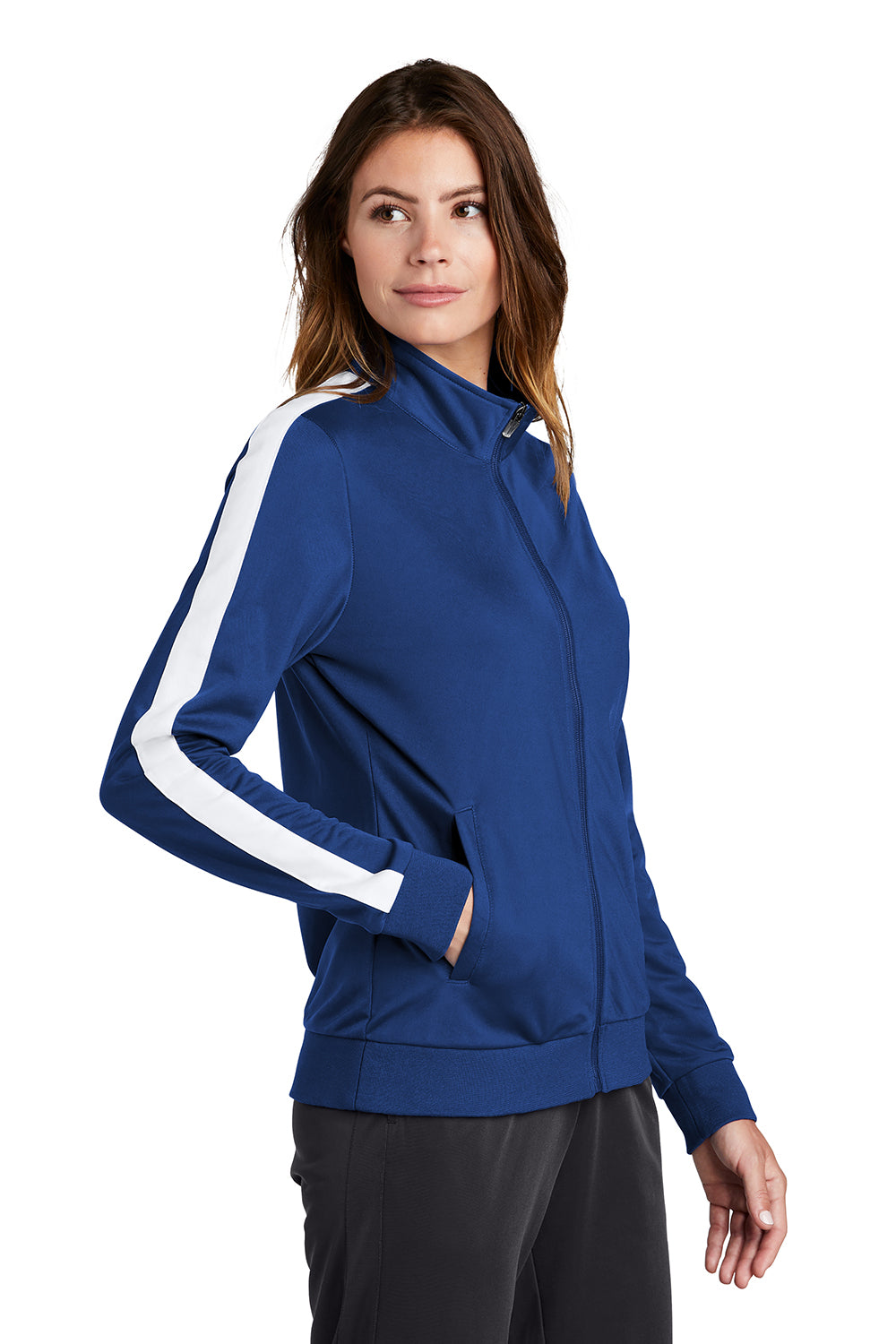 Sport-Tek LST94 Womens Full Zip Track Jacket True Royal Blue/White Model 3q