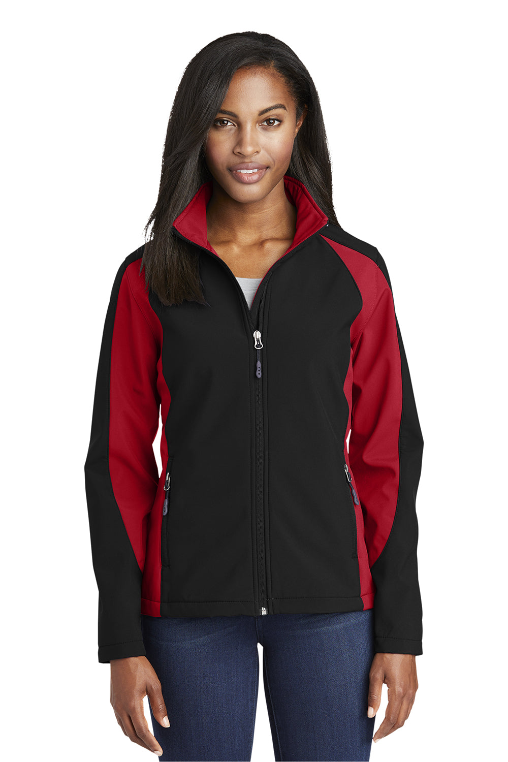 Sport-Tek LST970 Womens Water Resistant Full Zip Jacket Black/True Red Model Front