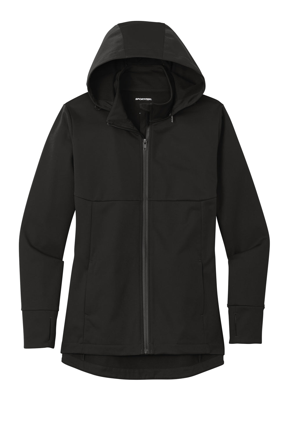 Sport-Tek LST980 Womens Wind & Water Resistant Full Zip Soft Shell Hooded Jacket Deep Black Flat Front