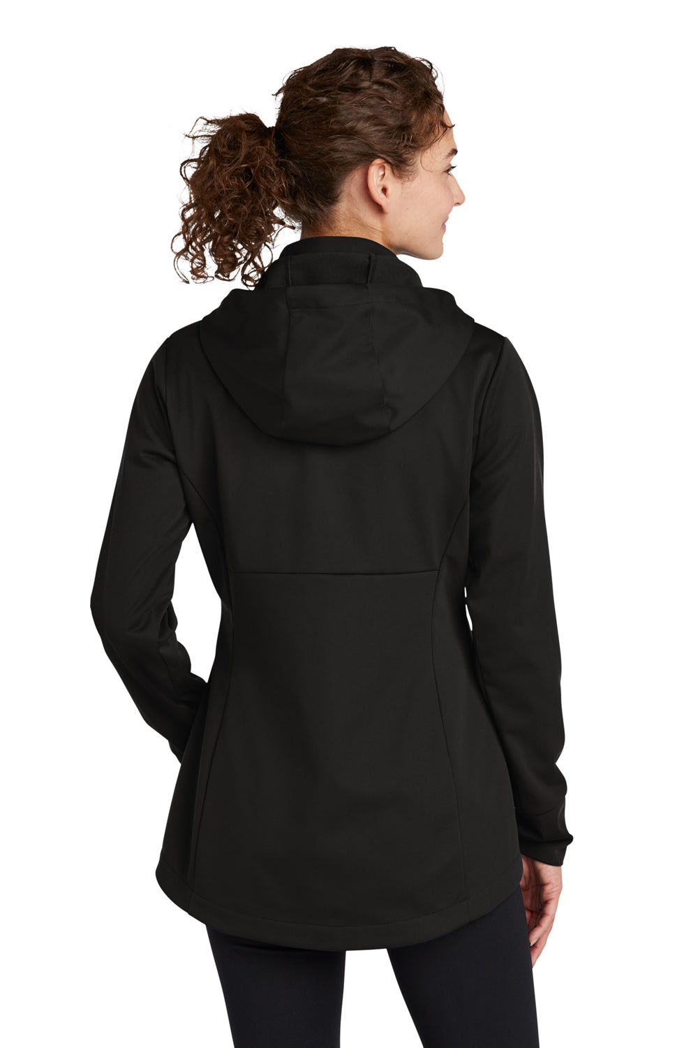 Sport-Tek LST980 Womens Wind & Water Resistant Full Zip Soft Shell Hooded Jacket Deep Black Model Back