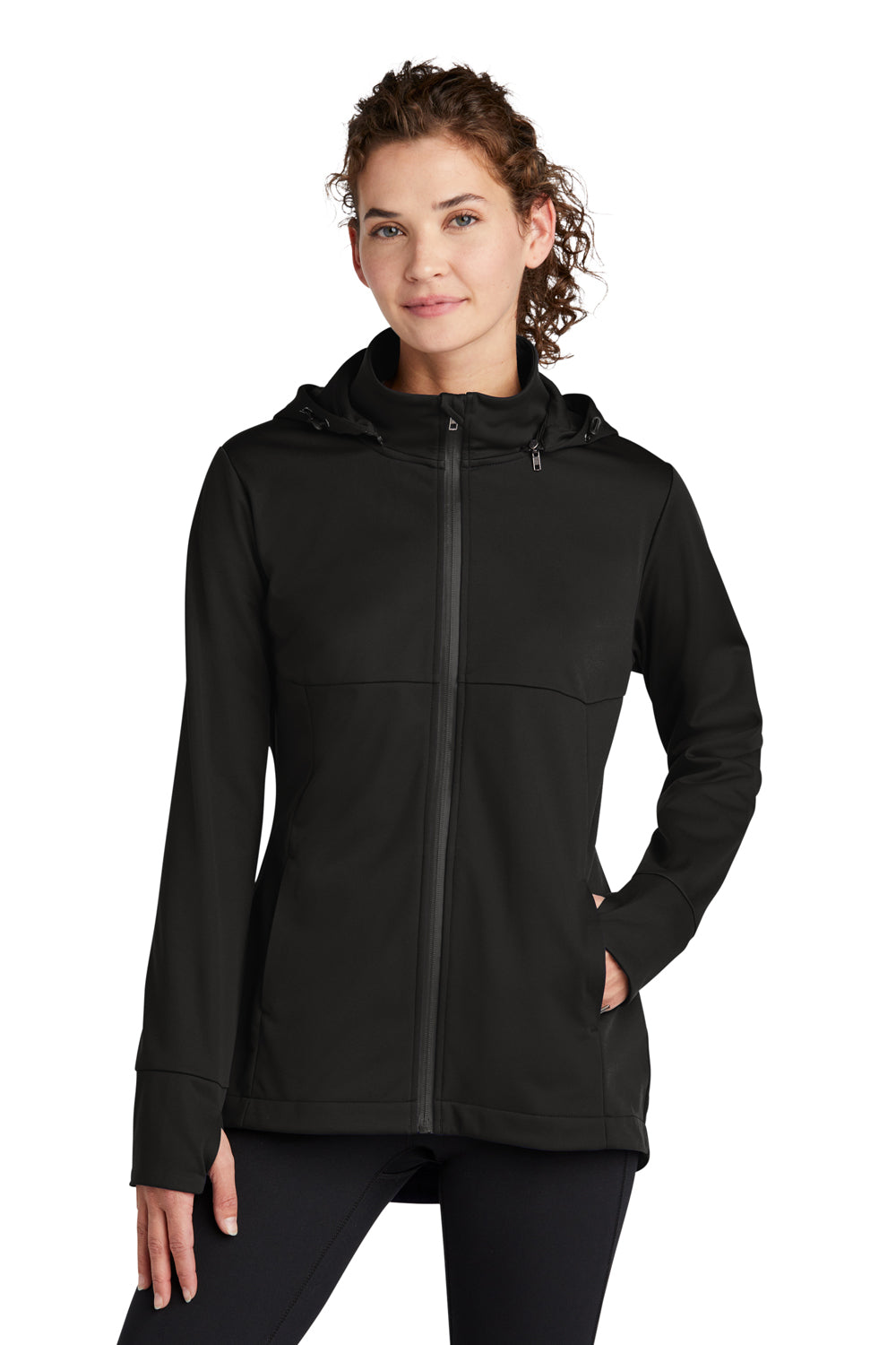 Sport-Tek LST980 Womens Wind & Water Resistant Full Zip Soft Shell Hooded Jacket Deep Black Model Front