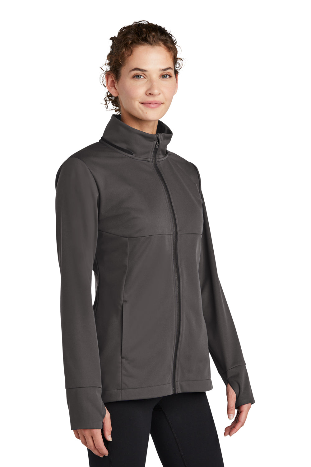 Sport-Tek LST980 Womens Wind & Water Resistant Full Zip Soft Shell Hooded Jacket Graphite Grey Model 3q