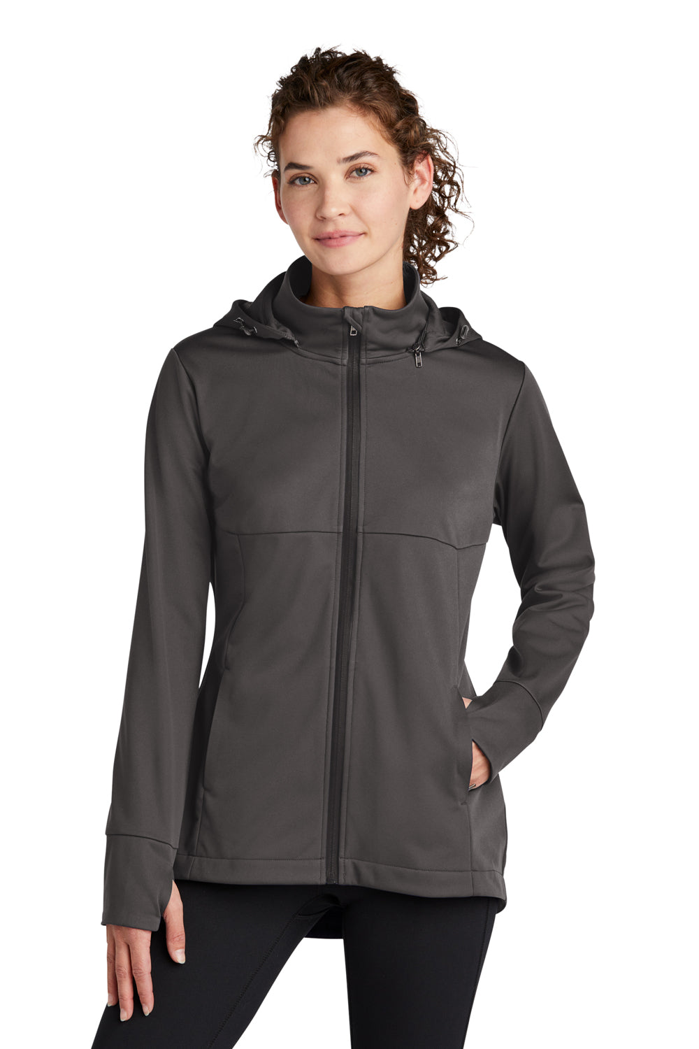 Sport-Tek LST980 Womens Wind & Water Resistant Full Zip Soft Shell Hooded Jacket Graphite Grey Model Front