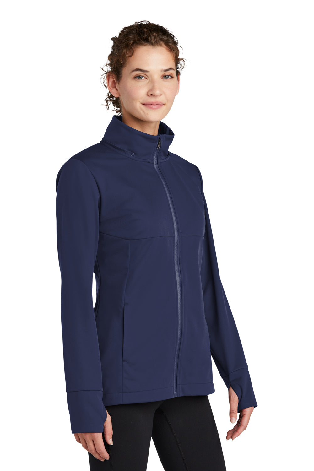 Sport-Tek LST980 Womens Wind & Water Resistant Full Zip Soft Shell Hooded Jacket True Navy Blue Model 3q