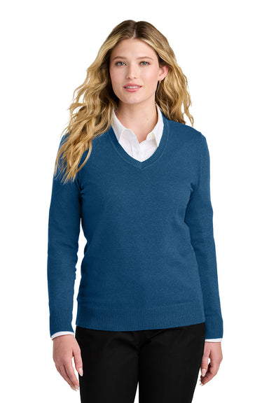 Port Authority LSW2850 Womens Easy Care V-Neck Long Sleeve Sweater Heather Aegean Blue Model Front