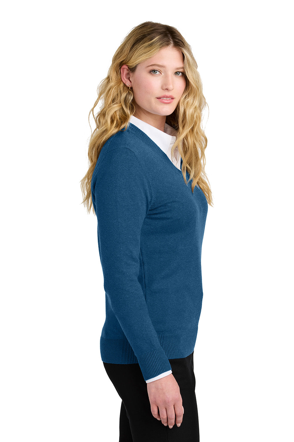 Port Authority LSW2850 Womens Easy Care V-Neck Long Sleeve Sweater Heather Aegean Blue Model Side