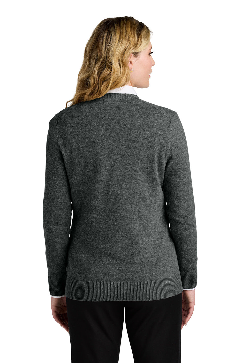 Port Authority LSW2850 Womens Easy Care V-Neck Long Sleeve Sweater Heather Charcoal Grey Model Back