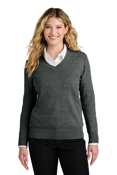 Port Authority LSW2850 Womens Easy Care V-Neck Long Sleeve Sweater Heather Charcoal Grey Model Front