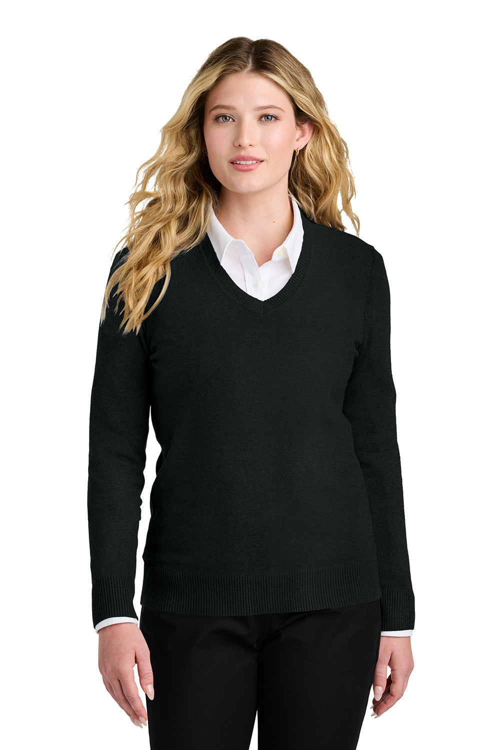 Port Authority LSW2850 Womens Easy Care V-Neck Long Sleeve Sweater Deep Black Model Front