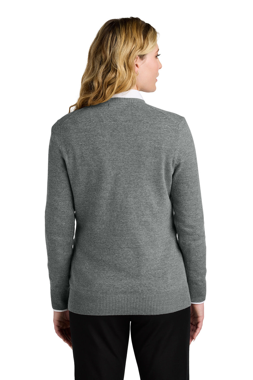 Port Authority LSW2850 Womens Easy Care V-Neck Long Sleeve Sweater Heather Medium Grey Model Back