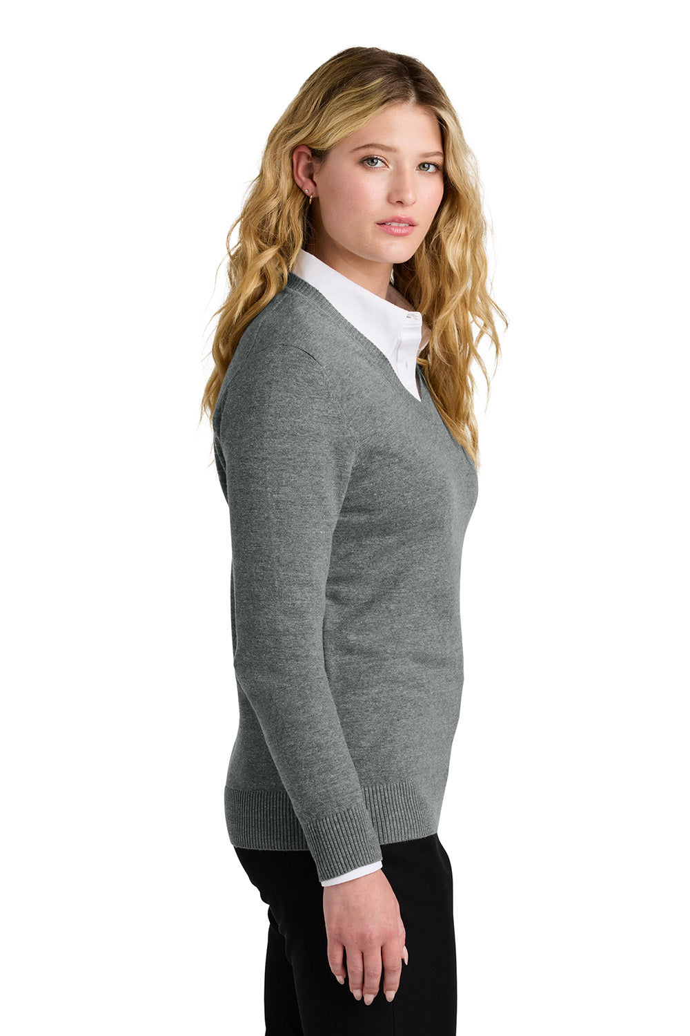 Port Authority LSW2850 Womens Easy Care V-Neck Long Sleeve Sweater Heather Medium Grey Model Side