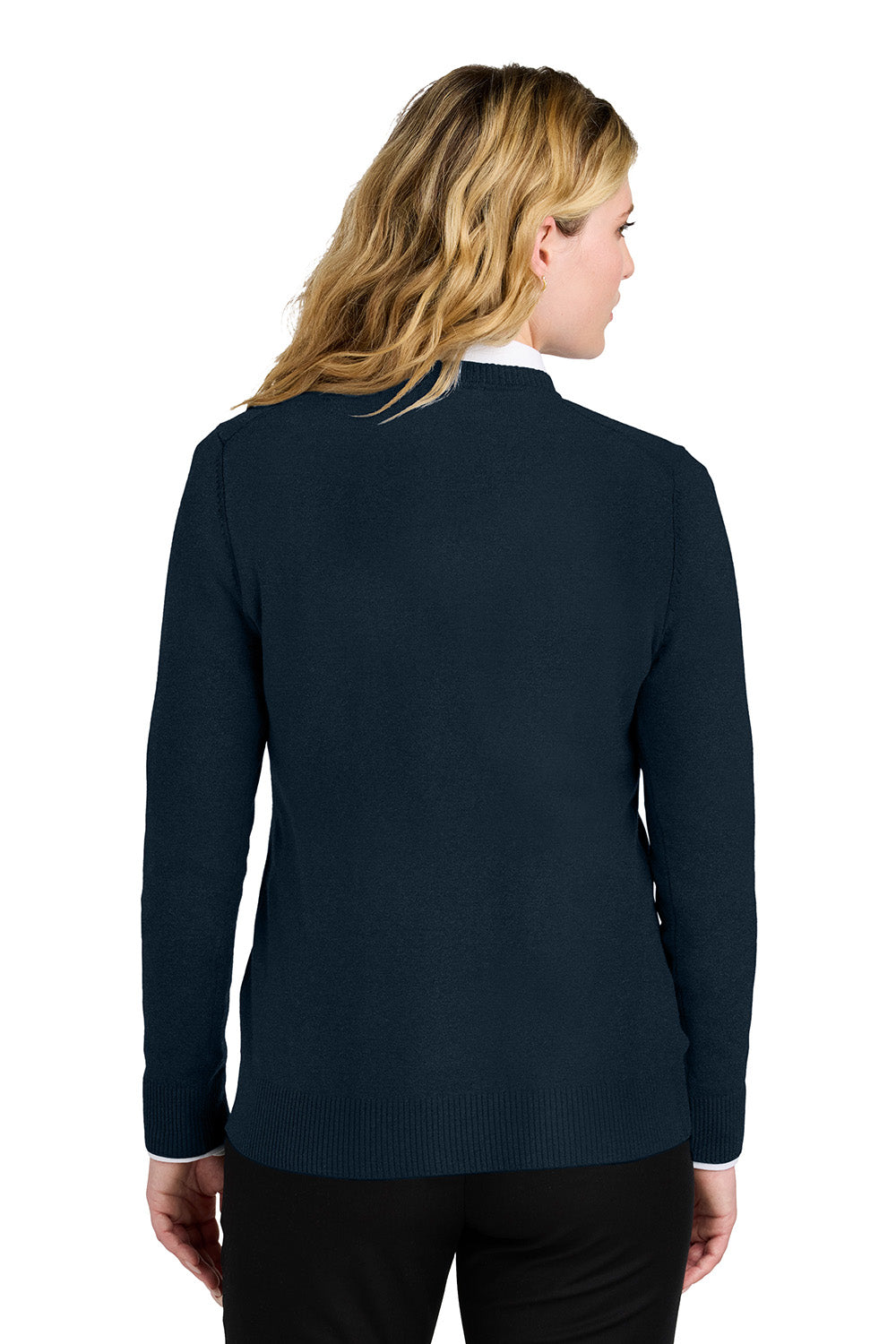 Port Authority LSW2850 Womens Easy Care V-Neck Long Sleeve Sweater River Navy Blue Model Back