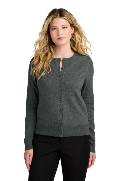 Port Authority LSW2870 Womens Easy Care Long Sleeve Cardigan Sweater Heather Charcoal Grey Model Front