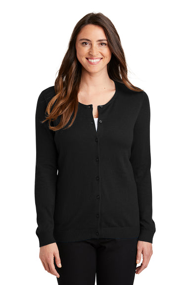 Port Authority LSW287 Womens Long Sleeve Cardigan Sweater Black Model Front