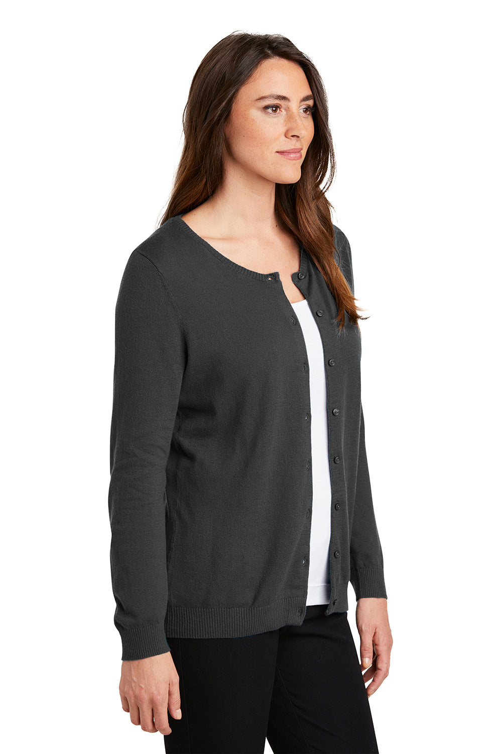 Port Authority LSW287 Womens Long Sleeve Cardigan Sweater Heather Charcoal Grey Model 3q