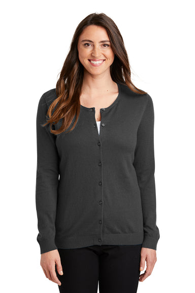 Port Authority LSW287 Womens Long Sleeve Cardigan Sweater Heather Charcoal Grey Model Front