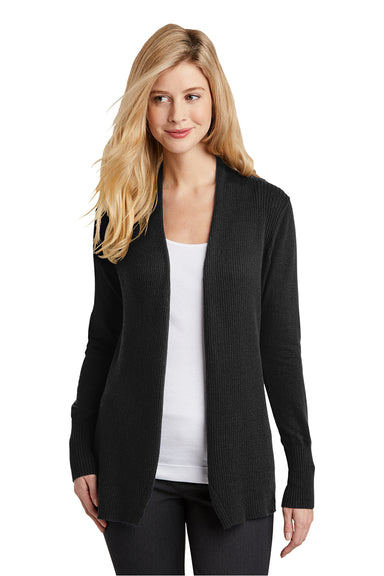 Port Authority LSW289 Womens Long Sleeve Cardigan Sweater Black Model Front