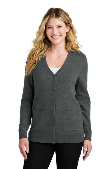 Port Authority LSW4150 Womens Easy Care Button Front Long Sleeve Cardigan Sweater Heather Charcoal Grey Model Front