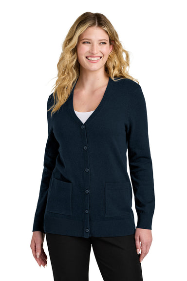 Port Authority LSW4150 Womens Easy Care Button Front Long Sleeve Cardigan Sweater River Navy Blue Model Front