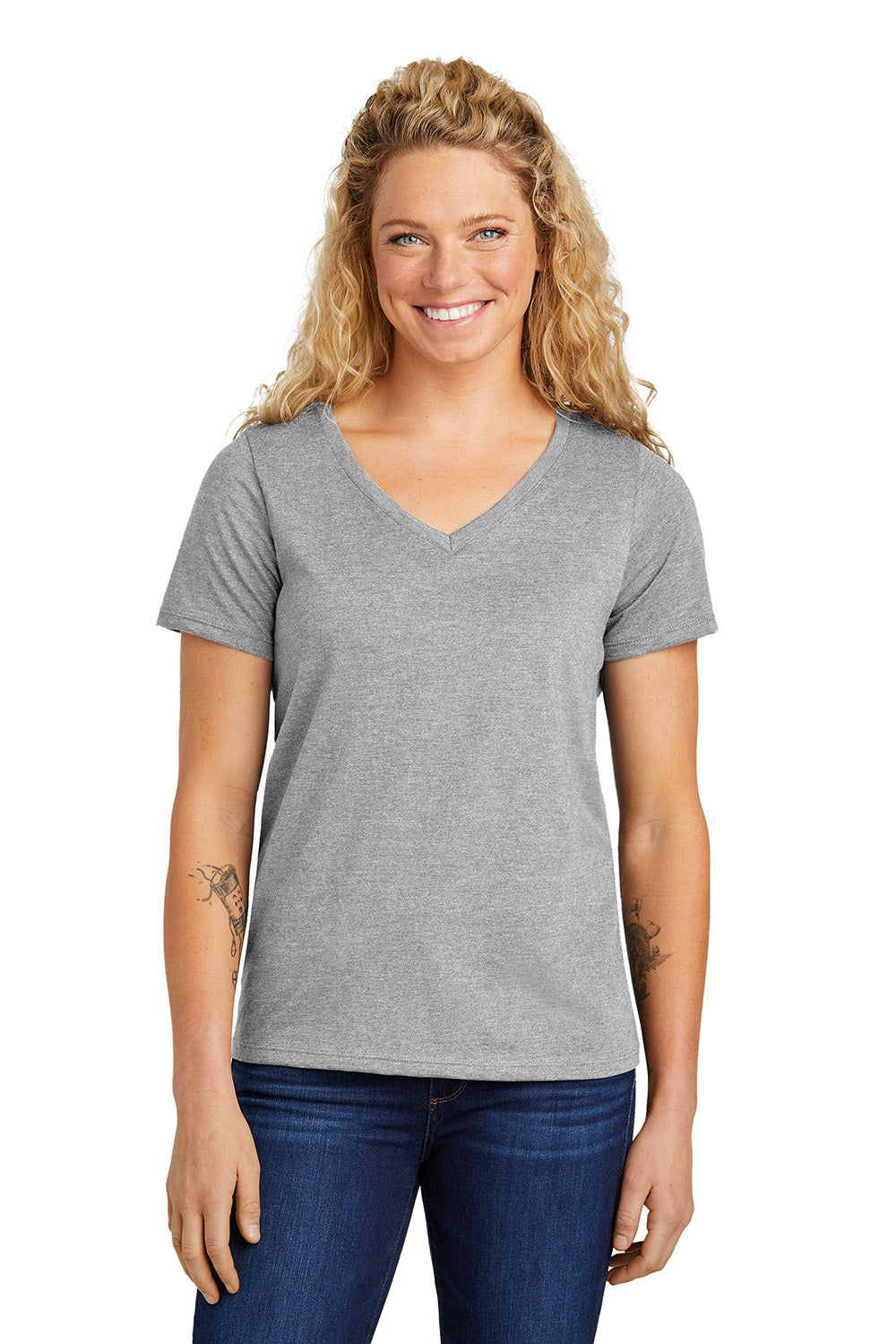 Volunteer Knitwear LVL45V Womens USA Made Daily Short Sleeve V-Neck T-Shirt Heather Grey Model Front