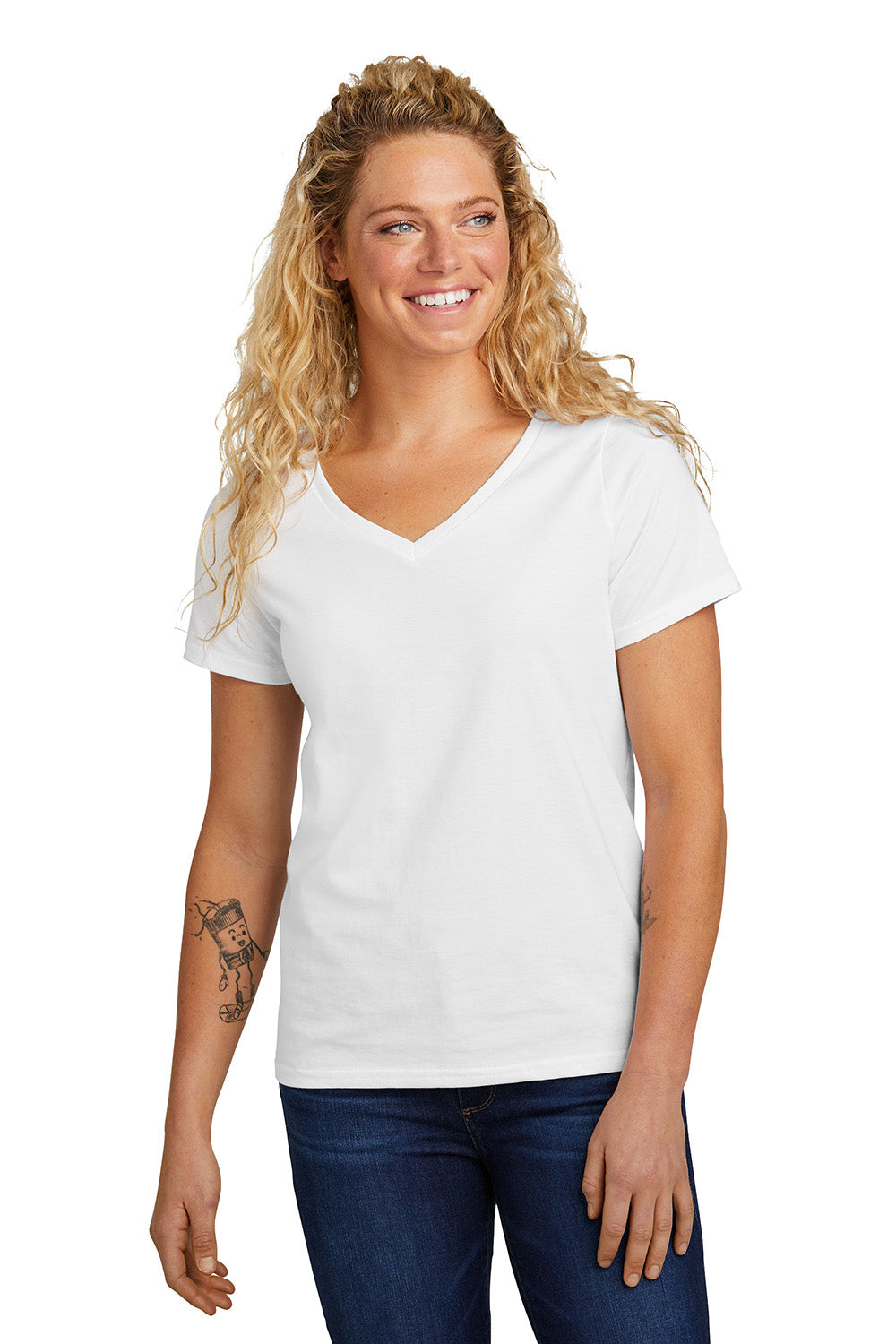 Volunteer Knitwear LVL45V Womens USA Made Daily Short Sleeve V-Neck T-Shirt White Model Front