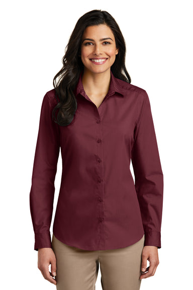 Port Authority LW100 Womens Carefree Stain Resistant Long Sleeve Button Down Shirt Burgundy Model Front