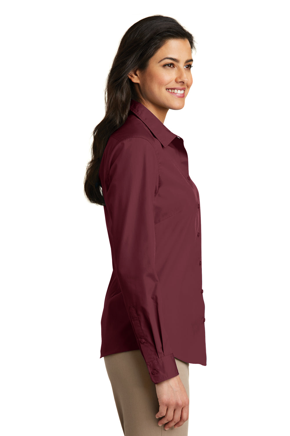 Port Authority LW100 Womens Carefree Stain Resistant Long Sleeve Button Down Shirt Burgundy Model Side