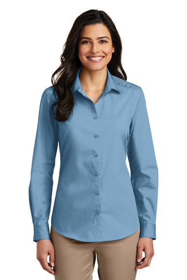 Port Authority LW100 Womens Carefree Stain Resistant Long Sleeve Button Down Shirt Carolina Blue Model Front