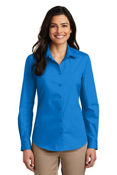 Port Authority LW100 Womens Carefree Stain Resistant Long Sleeve Button Down Shirt Coastal Blue Model Front