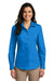 Port Authority LW100 Womens Carefree Stain Resistant Long Sleeve Button Down Shirt Coastal Blue Model Front