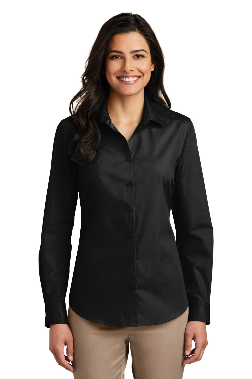 Port Authority LW100 Womens Carefree Stain Resistant Long Sleeve Button Down Shirt Deep Black Model Front