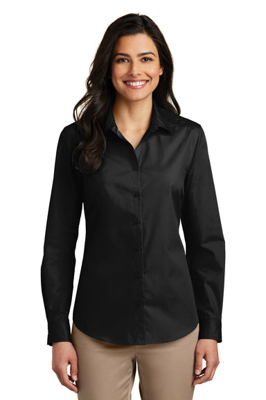 Port Authority LW100 Womens Carefree Stain Resistant Long Sleeve Button Down Shirt Deep Black Model Front