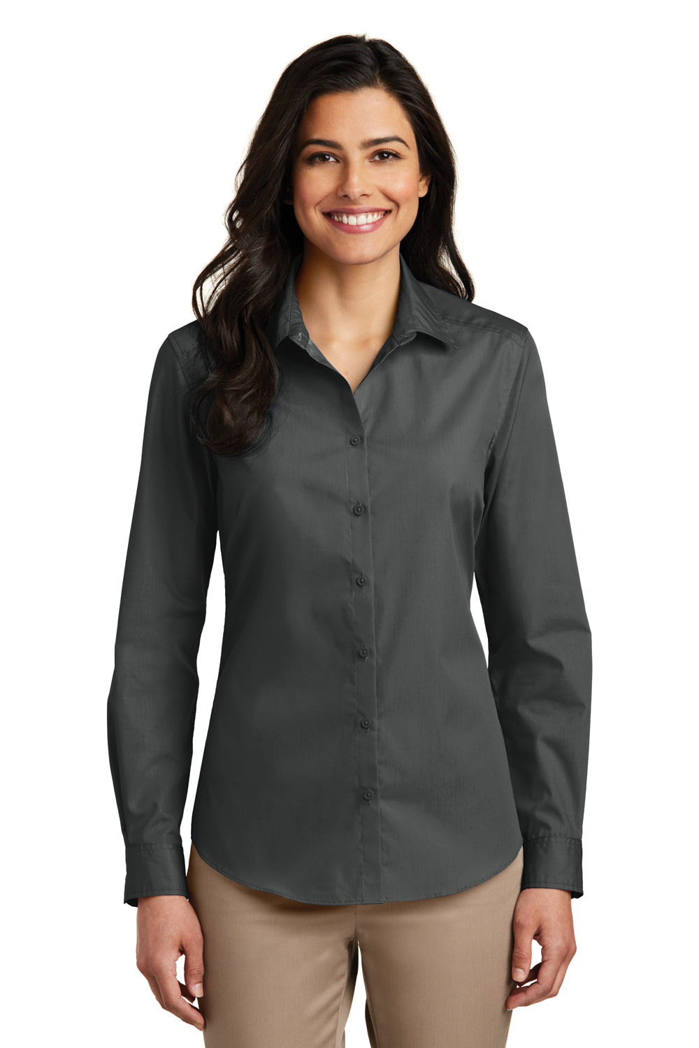 Port Authority LW100 Womens Carefree Stain Resistant Long Sleeve Button Down Shirt Graphite Grey Model Front